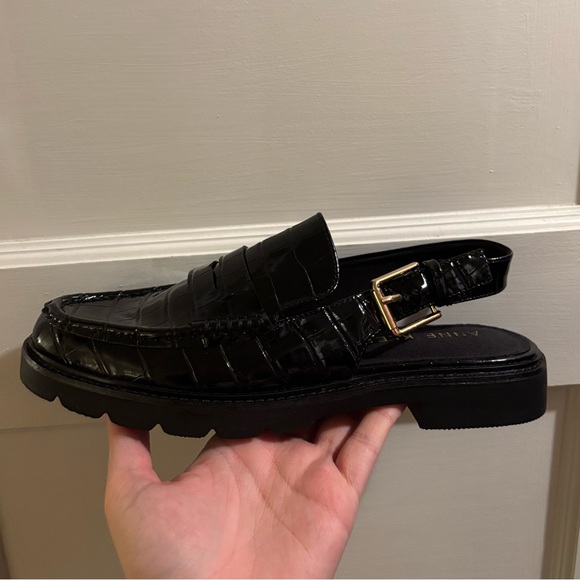 Anne Klein Shoes - Anne Klein sling back black croc style leather gold buckle loafer sandal
